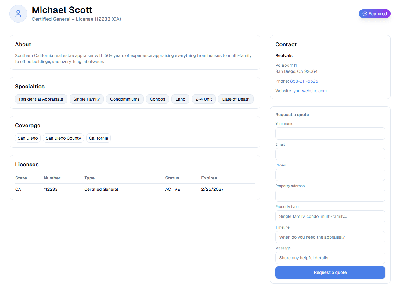 Example of a verified appraiser profile showing contact information, service areas, and lead generation form